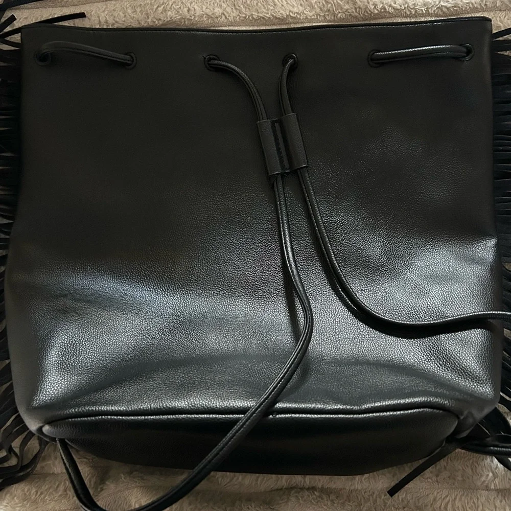 Victorias Secret Black Fringe Bucket Bag Drawstring Crossbody Vegan Leather Boho